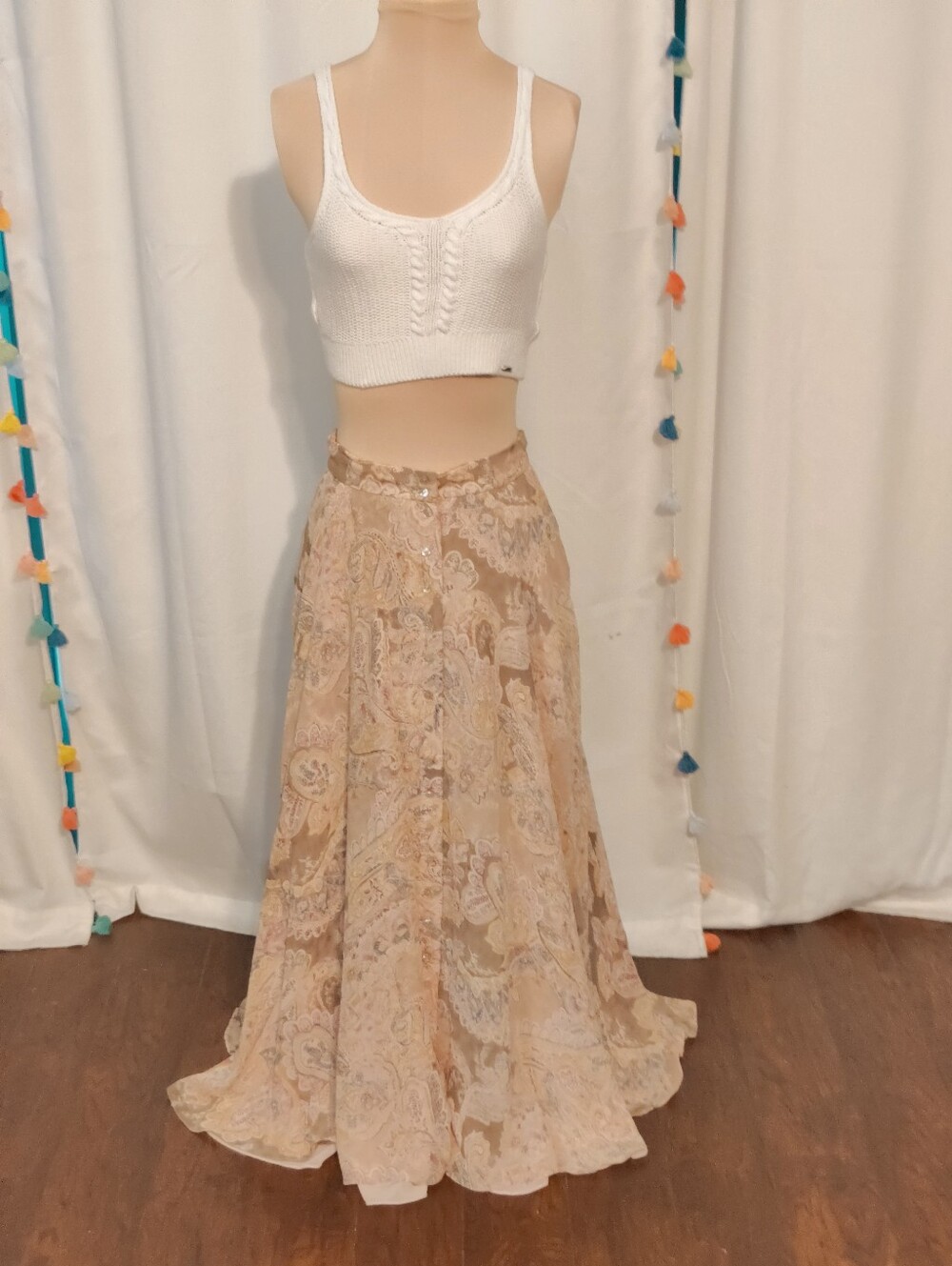 Y2K low slung Full Button Front 100% slinky Silk Floral  Maxi Skirt Vintage   S